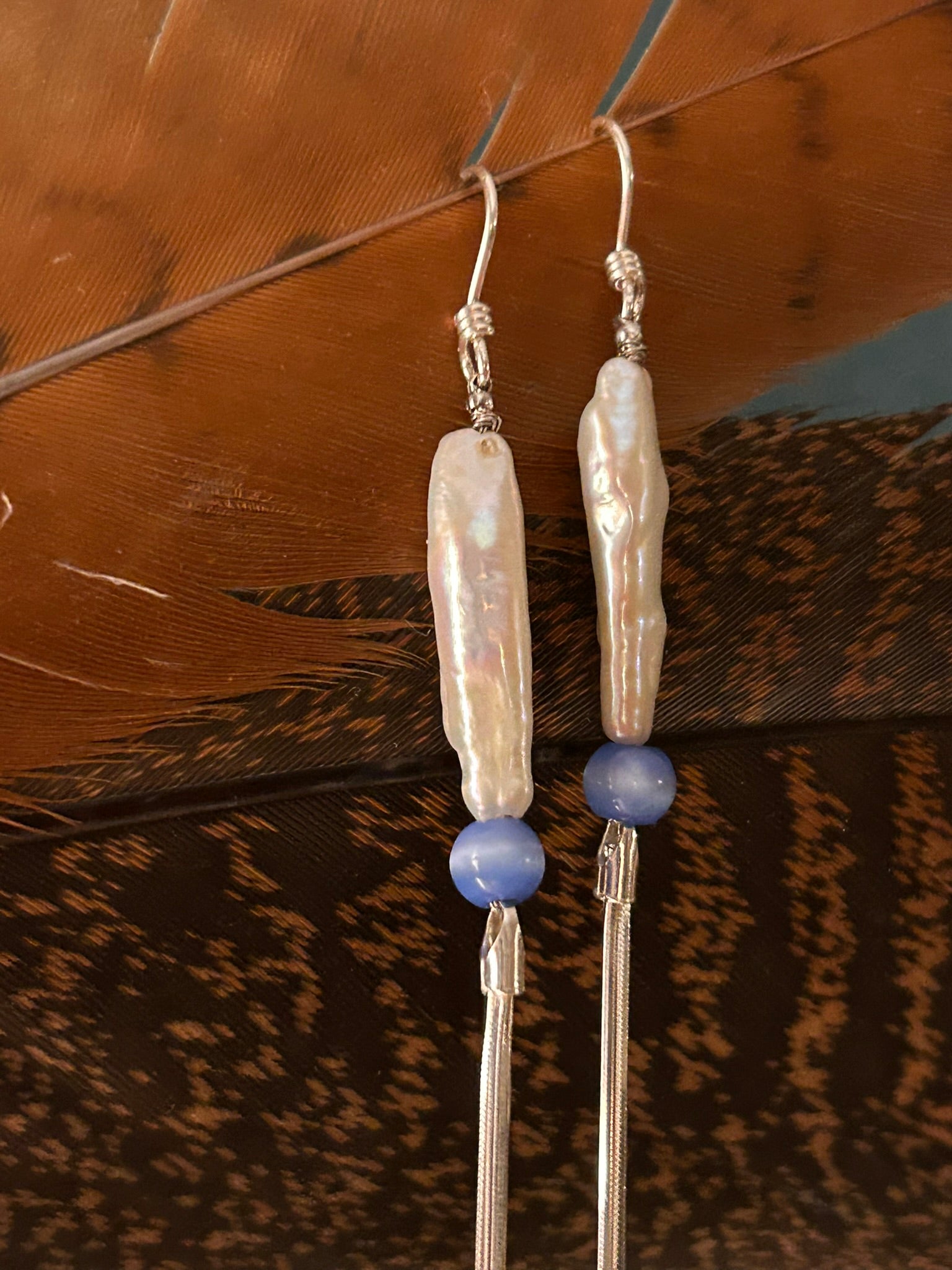 Pearl Duster Earrings (Freshwater Pearl & Blue Cat's Eye)